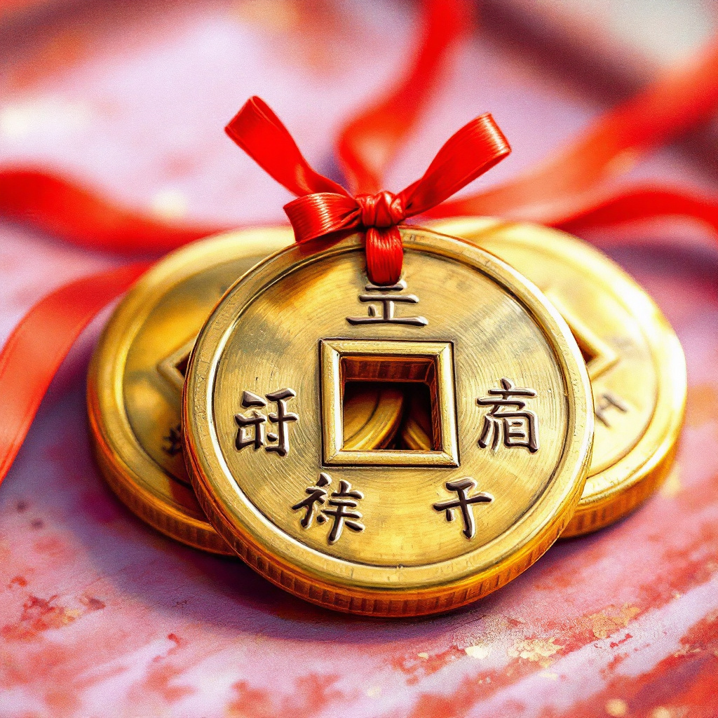 3 Chinese coins tied with red or gold ribbon